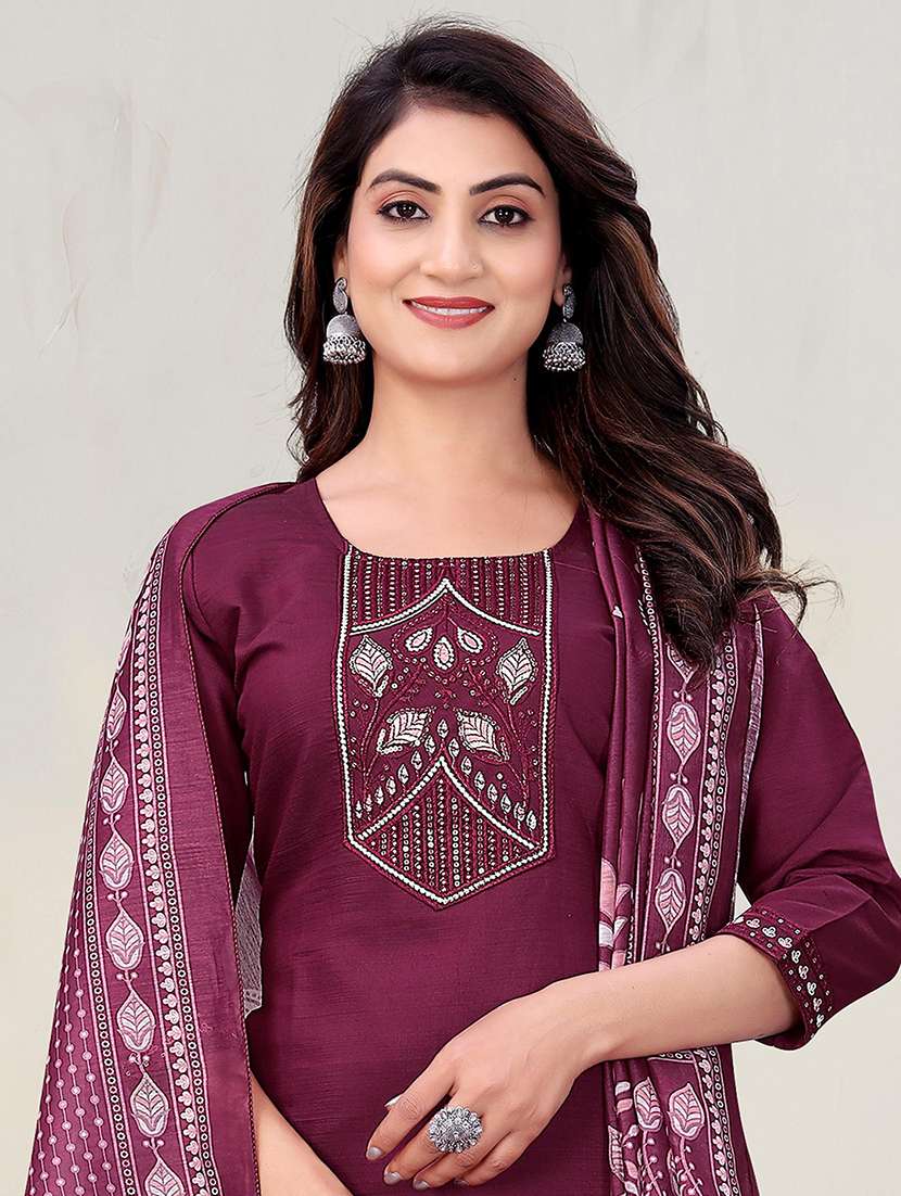 women solid with work three quarter sleeve kurta pant with dupatta set - 22393896 -  Standard Image - 1