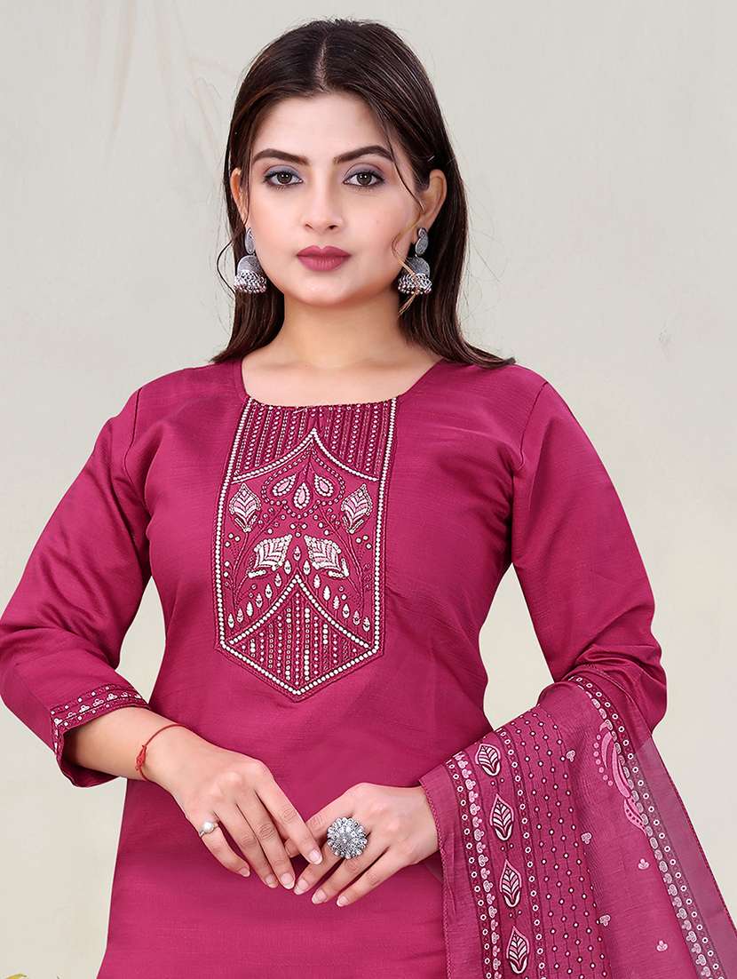 women solid with work three quarter sleeve kurta pant with dupatta set - 22393897 -  Standard Image - 1