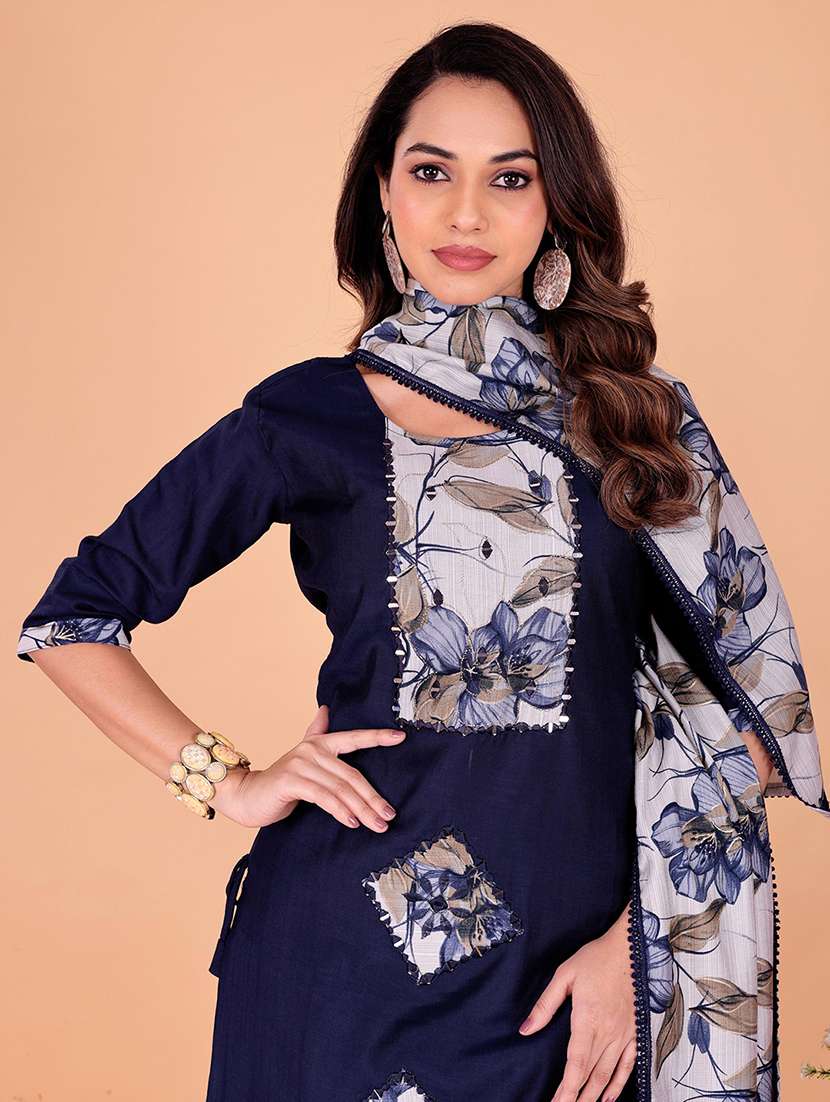 women solid with work three quarter sleeve kurta pant with dupatta set - 22393898 -  Standard Image - 1