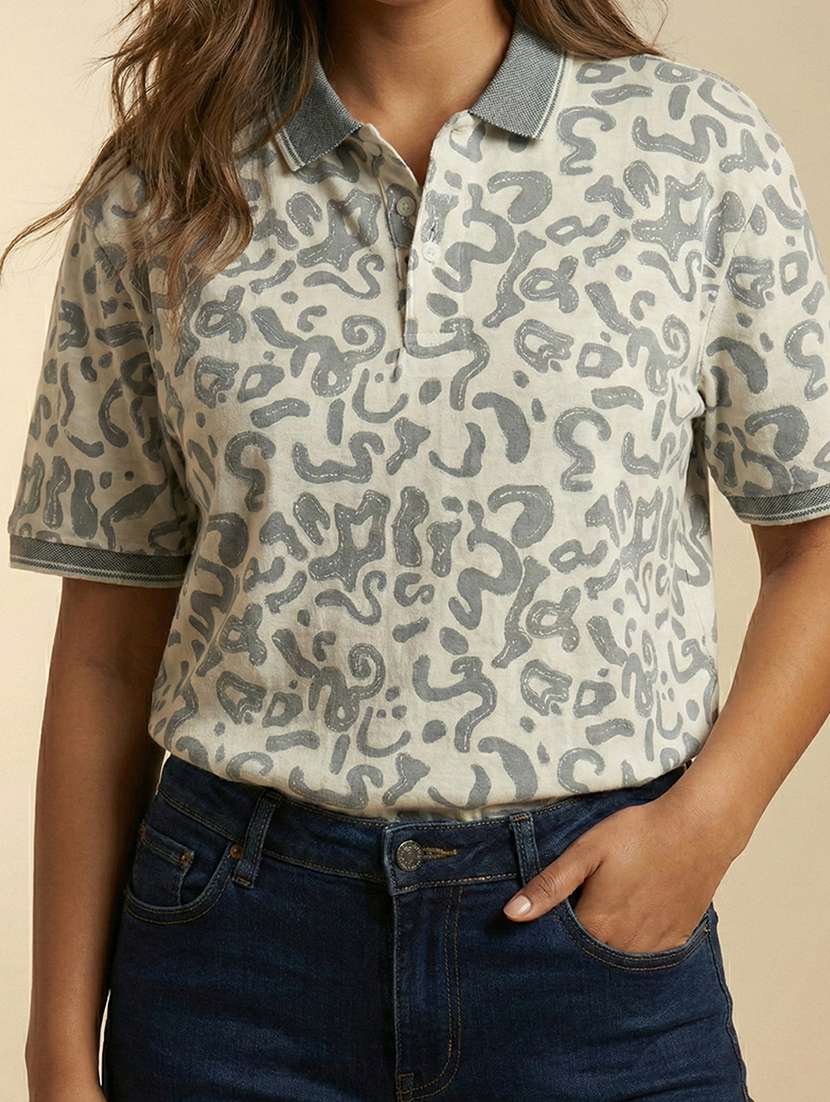 women printed short sleeve oversized polo t-shirt - 22393937 -  Standard Image - 1