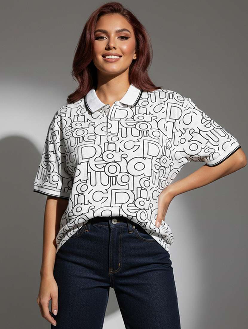 women printed short sleeve oversized polo t-shirt