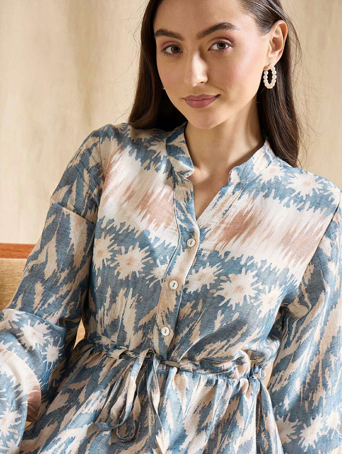 women printed long sleeve tiered dress - 22393993 -  Standard Image - 1