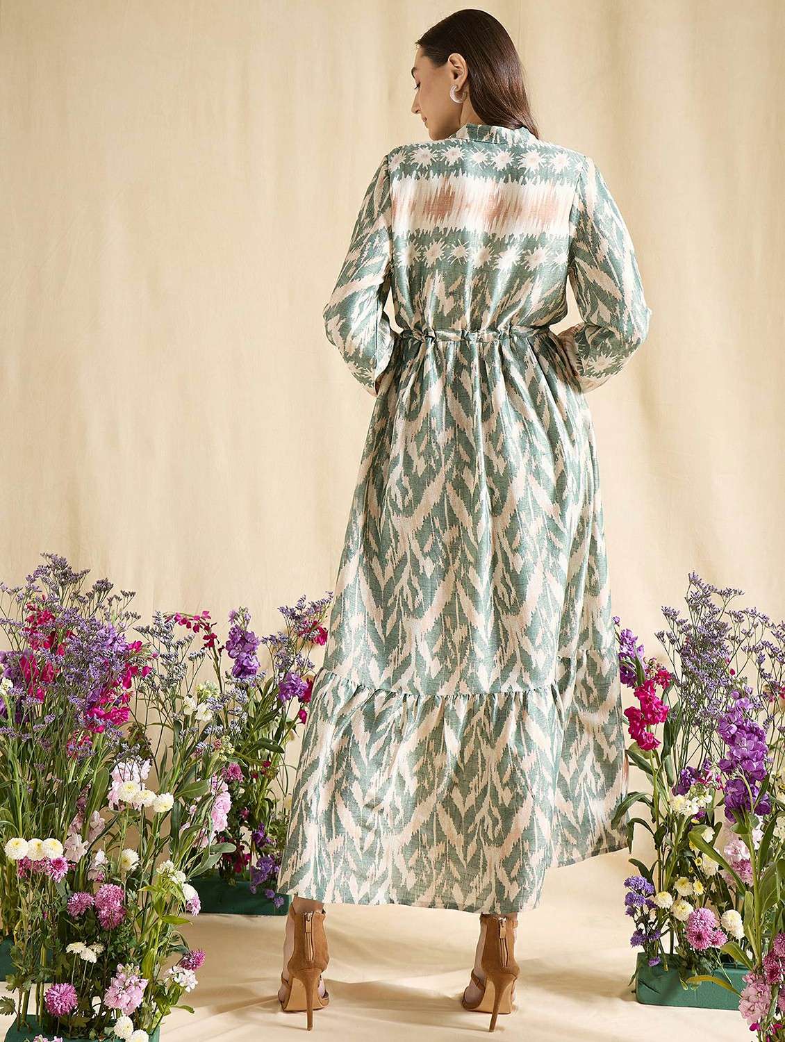 women printed long sleeve tiered dress - 22393994 -  Standard Image - 4