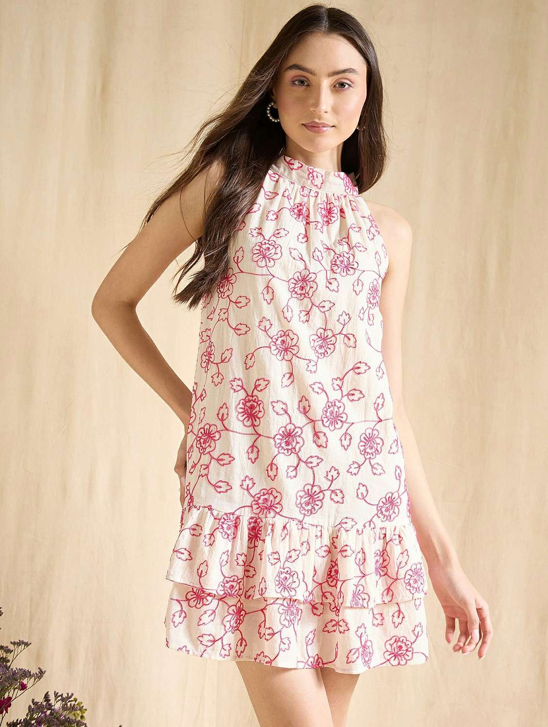 women embroidered sleeveless tiered dress
