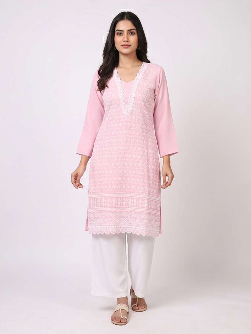 Women Embroidered Three Quarter Sleeves Straight Kurta - 22394175 -  Standard Image - 4