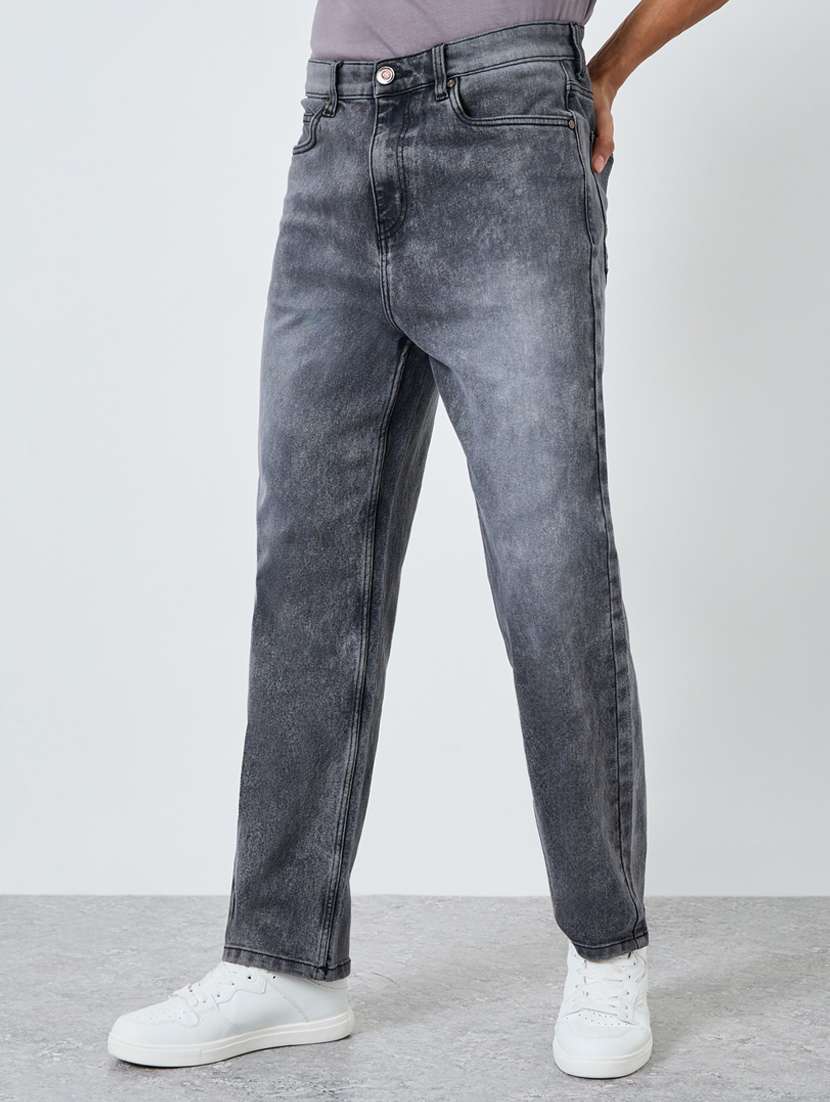men washed mid rise full length straight fit jeans