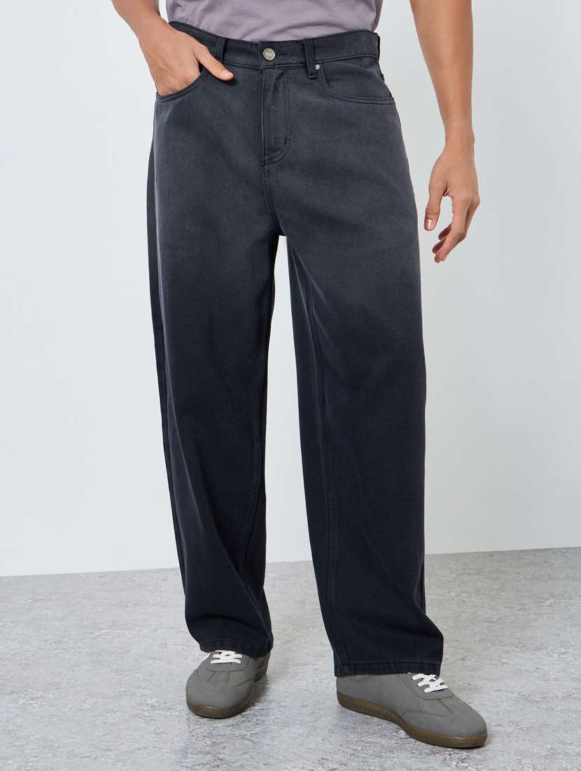 men washed mid rise full length baggy jeans