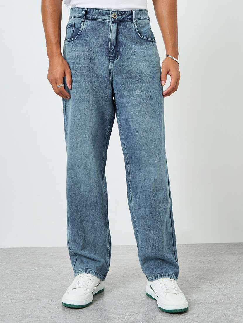 men washed mid rise full length straight jeans