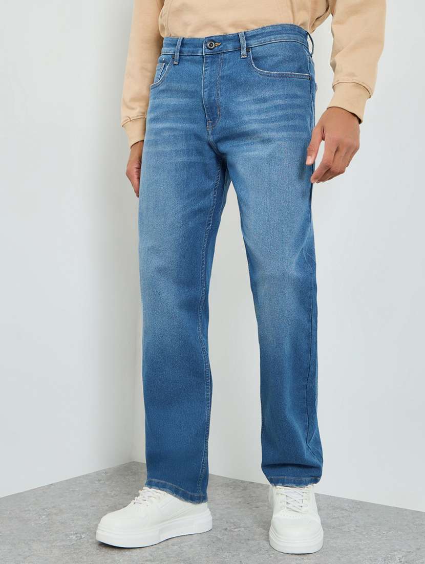 men washed mid rise full length straight jeans