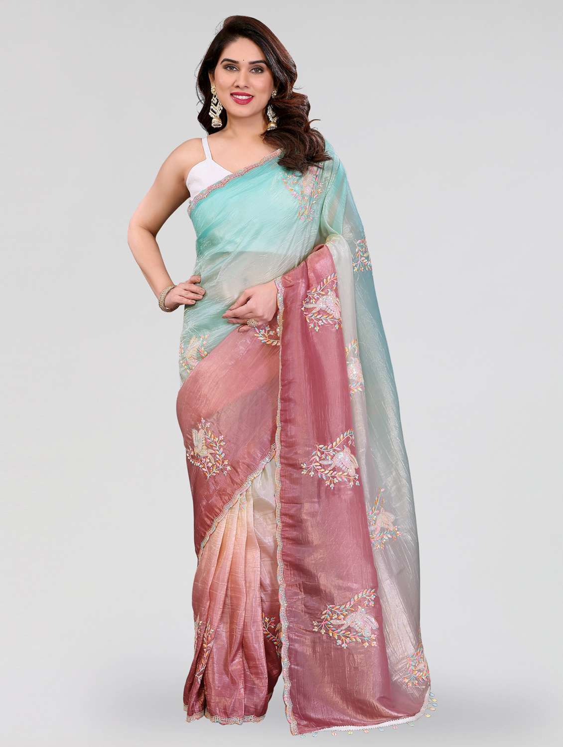 women ombre embroidered saree with blouse
