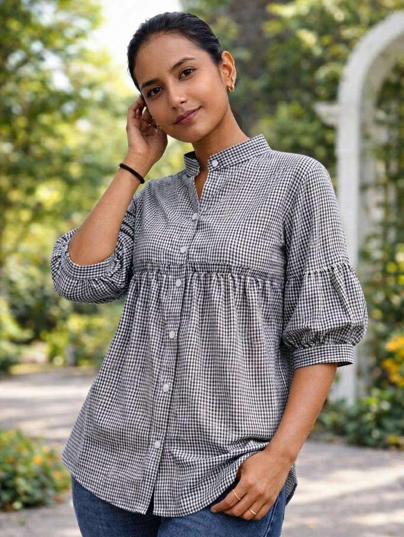 women checkered puff sleeve a-line top - 22395115 -  Standard Image - 1