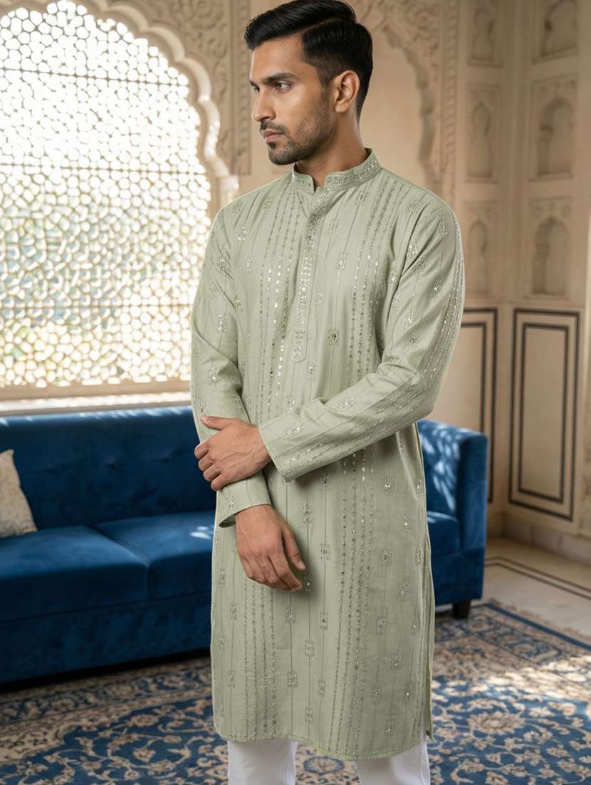 men solid with work mandarin neck long kurta - 22395533 -  Standard Image - 1