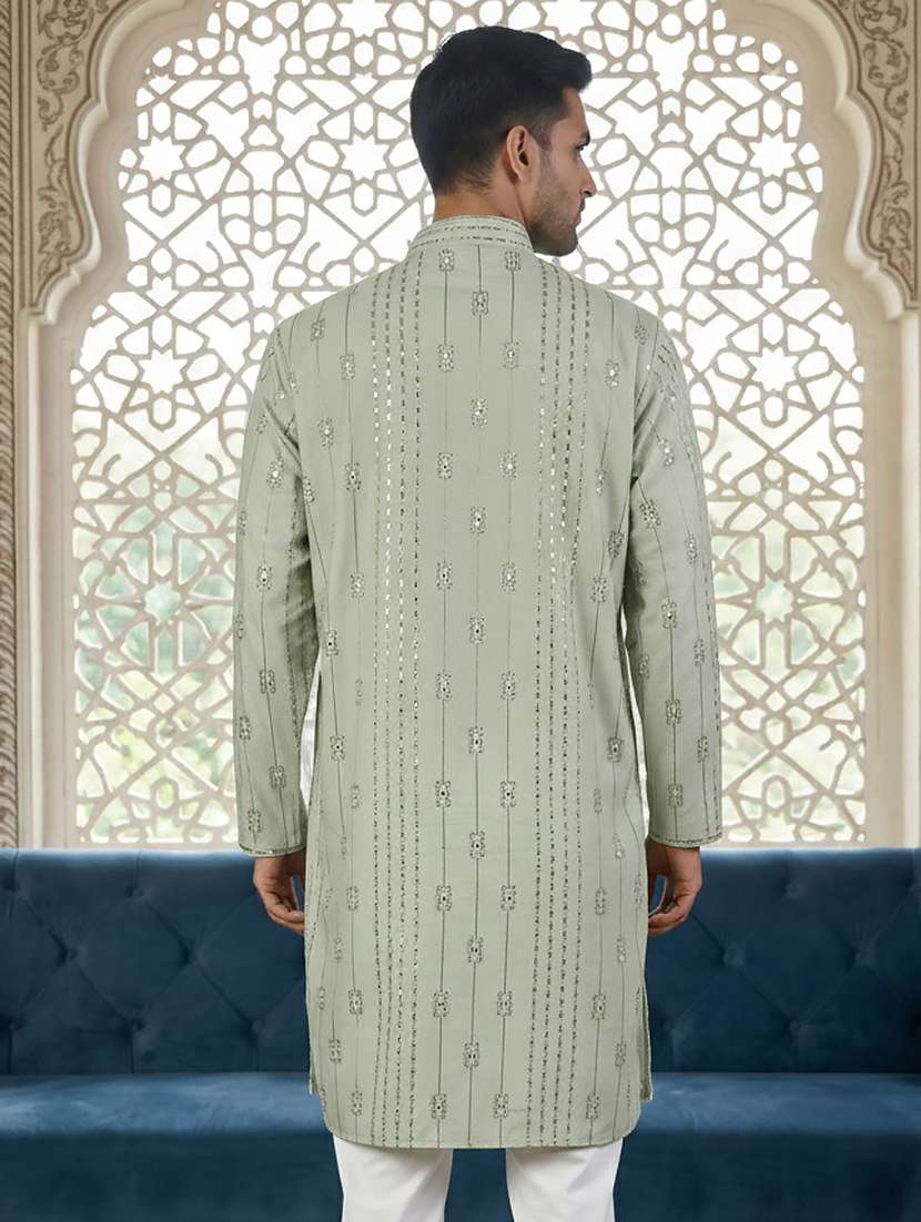 men solid with work mandarin neck long kurta - 22395533 -  Standard Image - 4