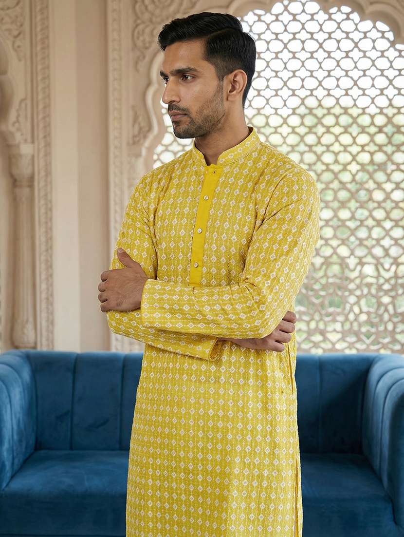 men solid with work mandarin neck long kurta - 22395534 -  Standard Image - 1