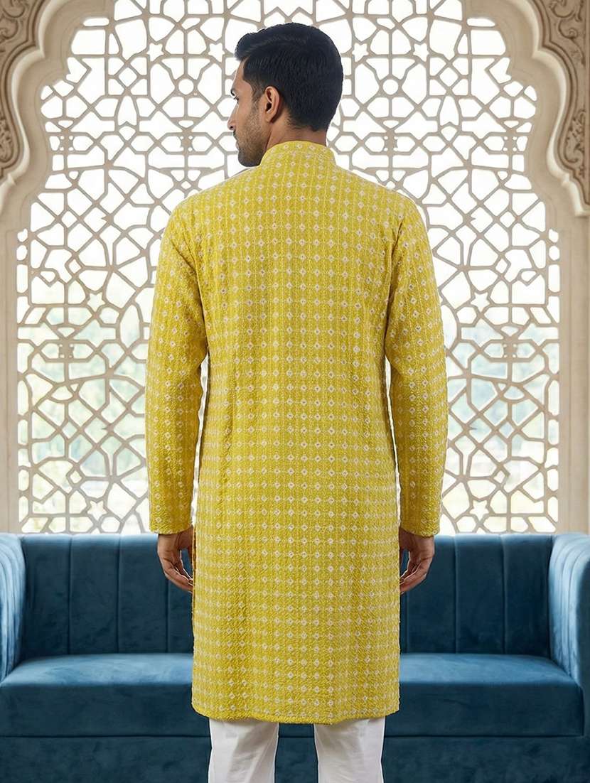 men solid with work mandarin neck long kurta - 22395534 -  Standard Image - 4