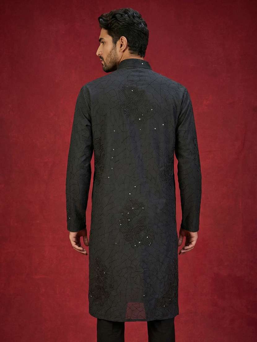 men solid with work mandarin neck long kurta - 22395535 -  Standard Image - 4