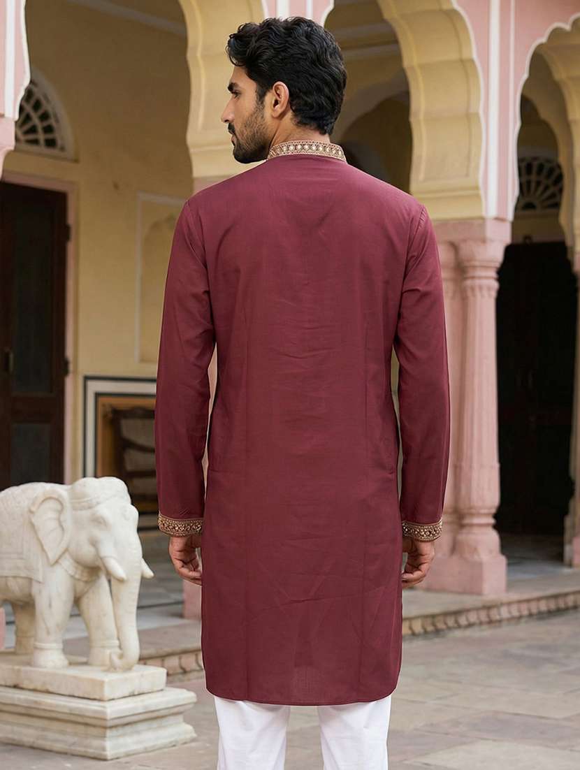 men solid with work mandarin neck long kurta - 22395537 -  Standard Image - 4