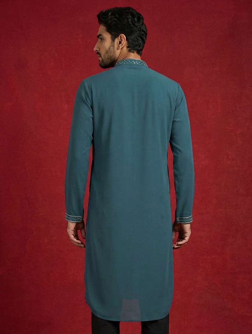 men solid with work mandarin neck long kurta - 22395539 -  Standard Image - 4