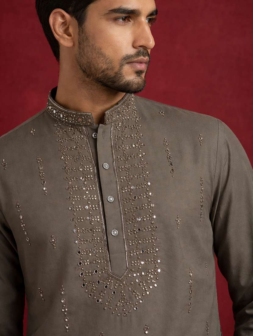 men solid with work mandarin neck long kurta - 22395540 -  Standard Image - 1