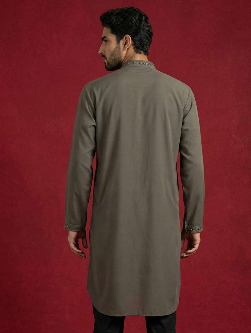 men solid with work mandarin neck long kurta - 22395540 -  Standard Image - 4