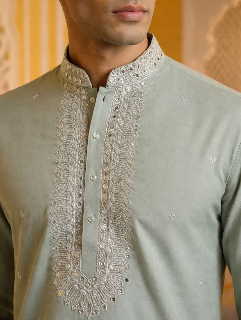 men solid with work mandarin neck long kurta - 22395541 -  Standard Image - 1