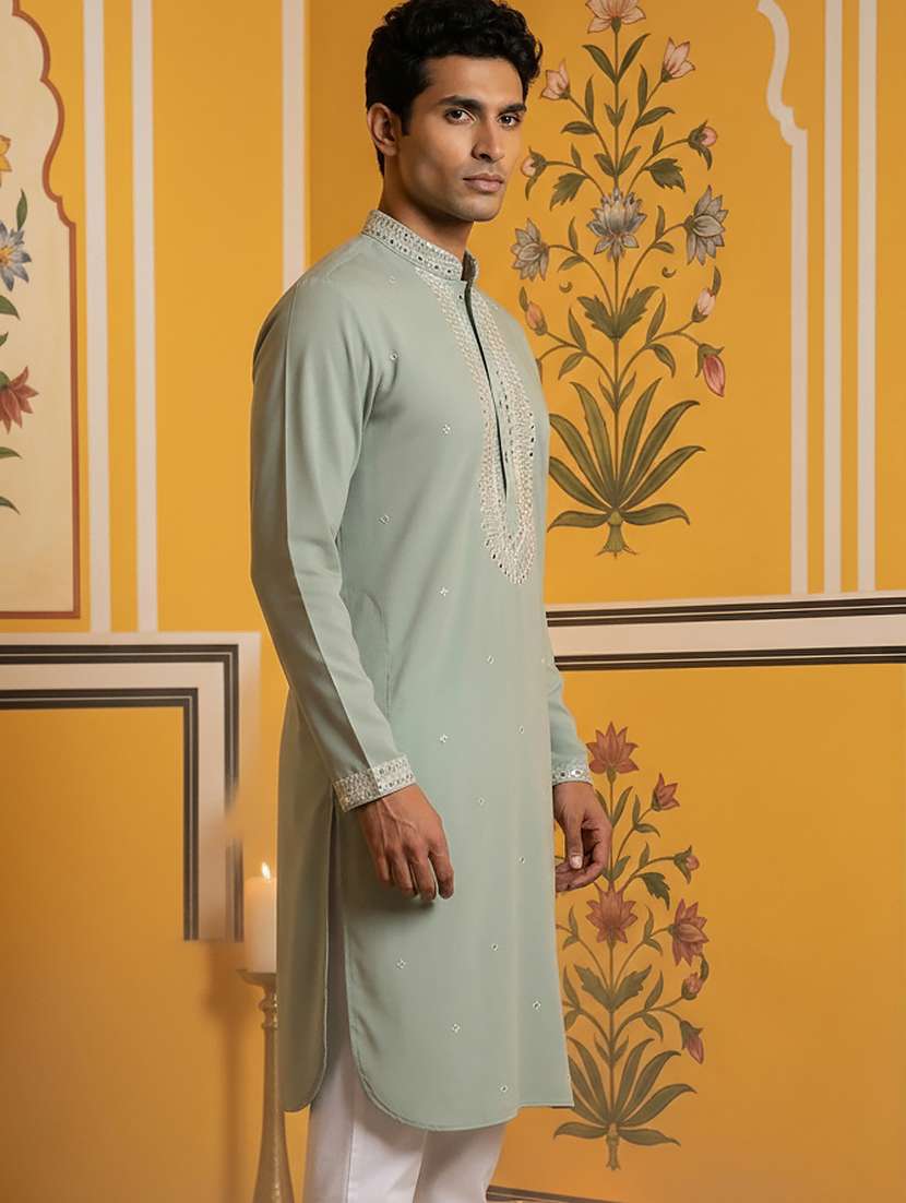 men solid with work mandarin neck long kurta - 22395541 -  Standard Image - 4
