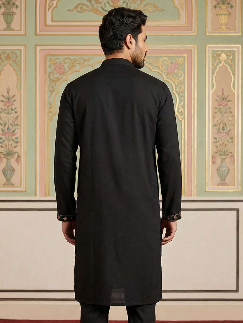 men solid with work mandarin neck long kurta - 22395543 -  Standard Image - 4