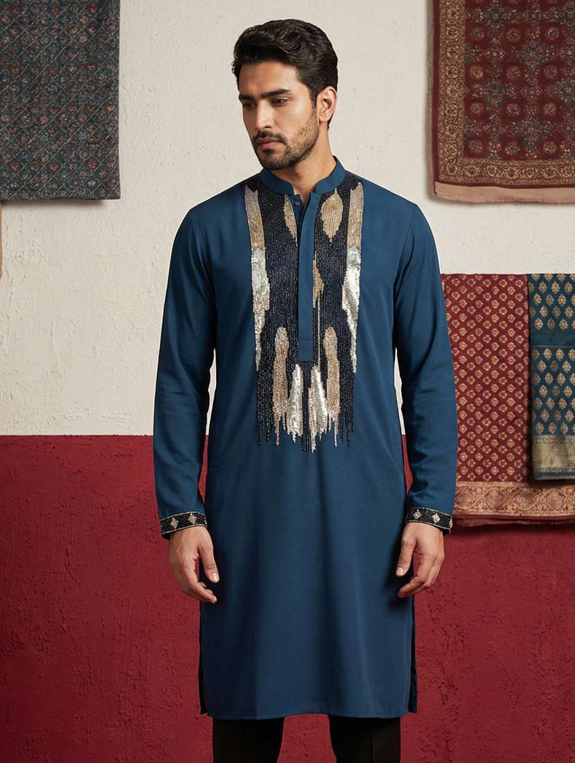 men solid with work mandarin neck long kurta - 22395544 -  Standard Image - 1