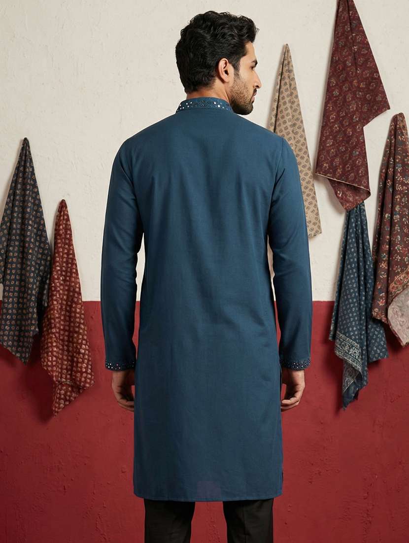 men solid with work mandarin neck long kurta - 22395544 -  Standard Image - 4