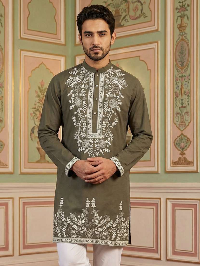 men solid with work mandarin neck long kurta - 22395545 -  Standard Image - 1