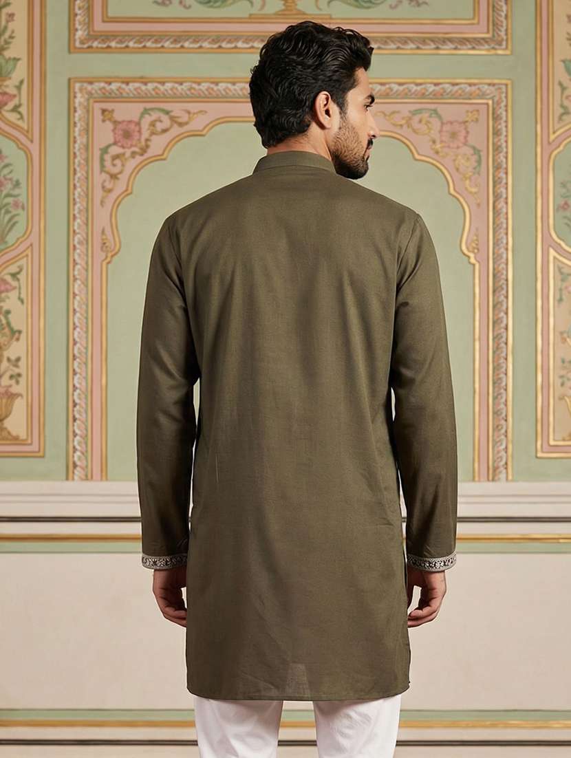 men solid with work mandarin neck long kurta - 22395545 -  Standard Image - 4