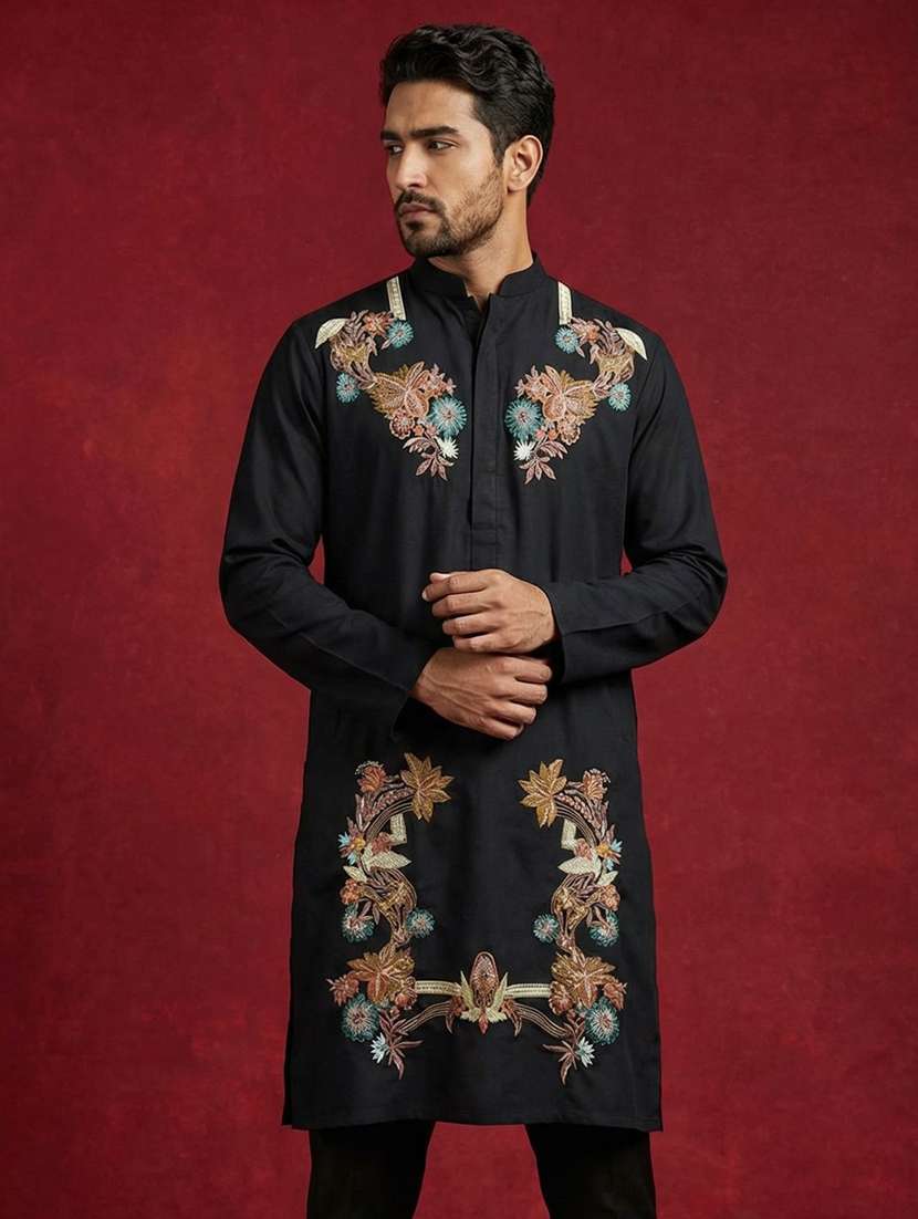 men solid with work mandarin neck long kurta - 22395547 -  Standard Image - 1
