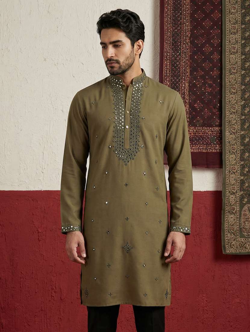 men solid with work mandarin neck long kurta - 22395548 -  Standard Image - 1