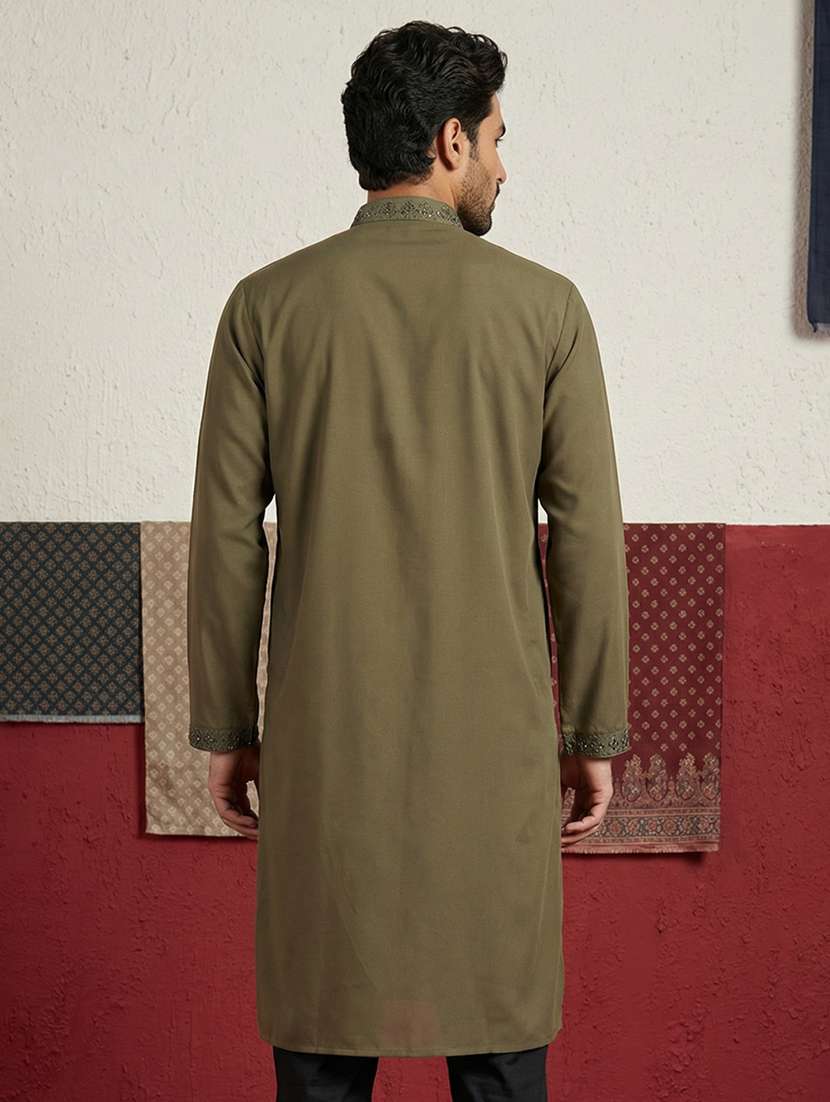 men solid with work mandarin neck long kurta - 22395548 -  Standard Image - 4