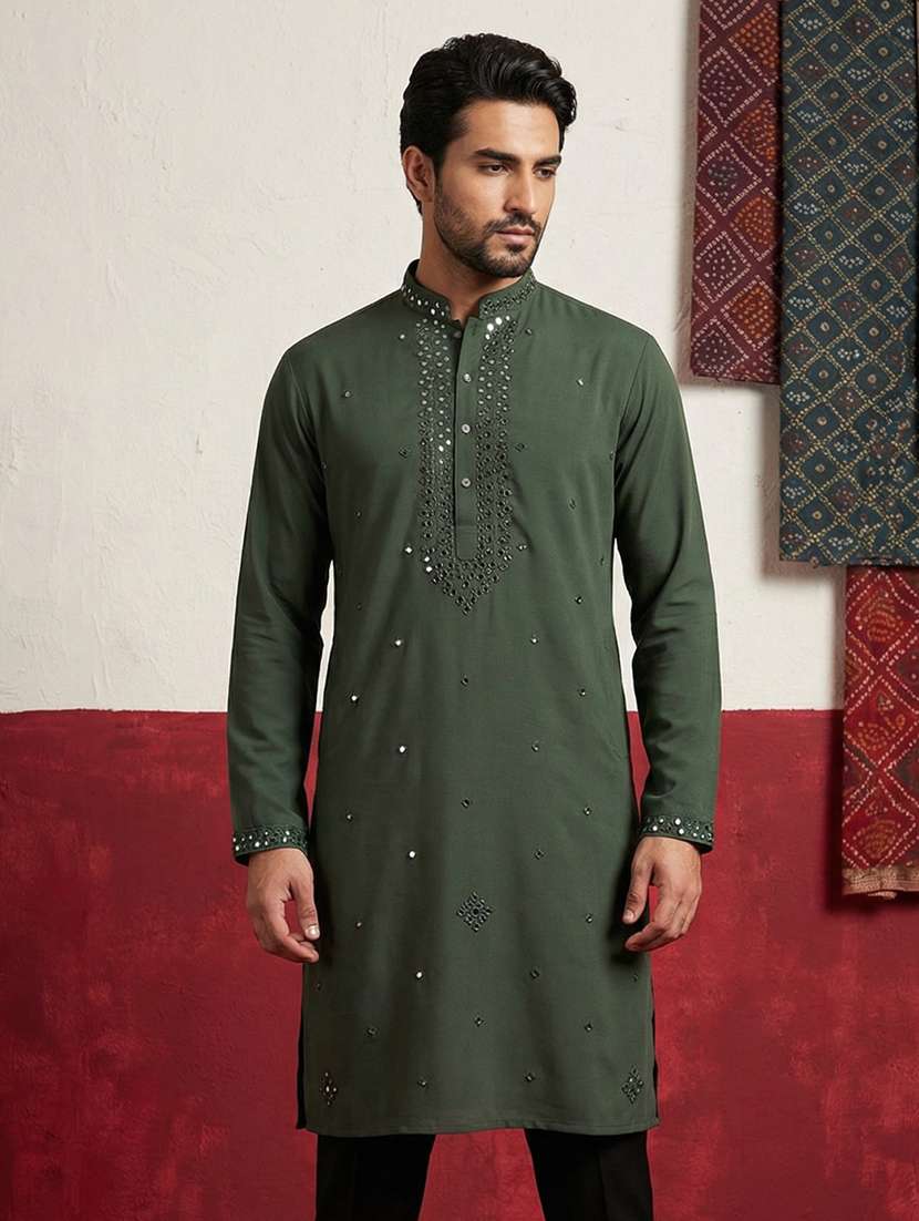 men solid with work mandarin neck long kurta - 22395549 -  Standard Image - 1