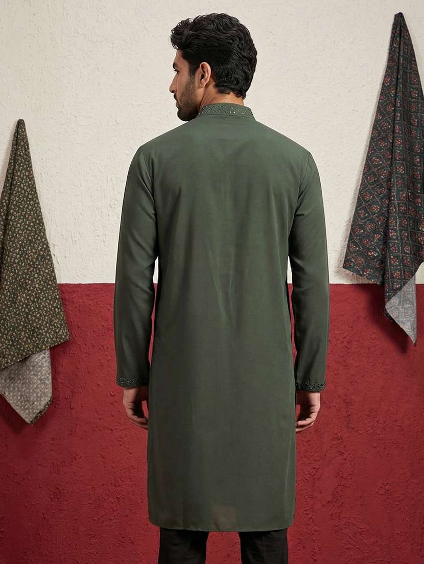 men solid with work mandarin neck long kurta - 22395549 -  Standard Image - 4