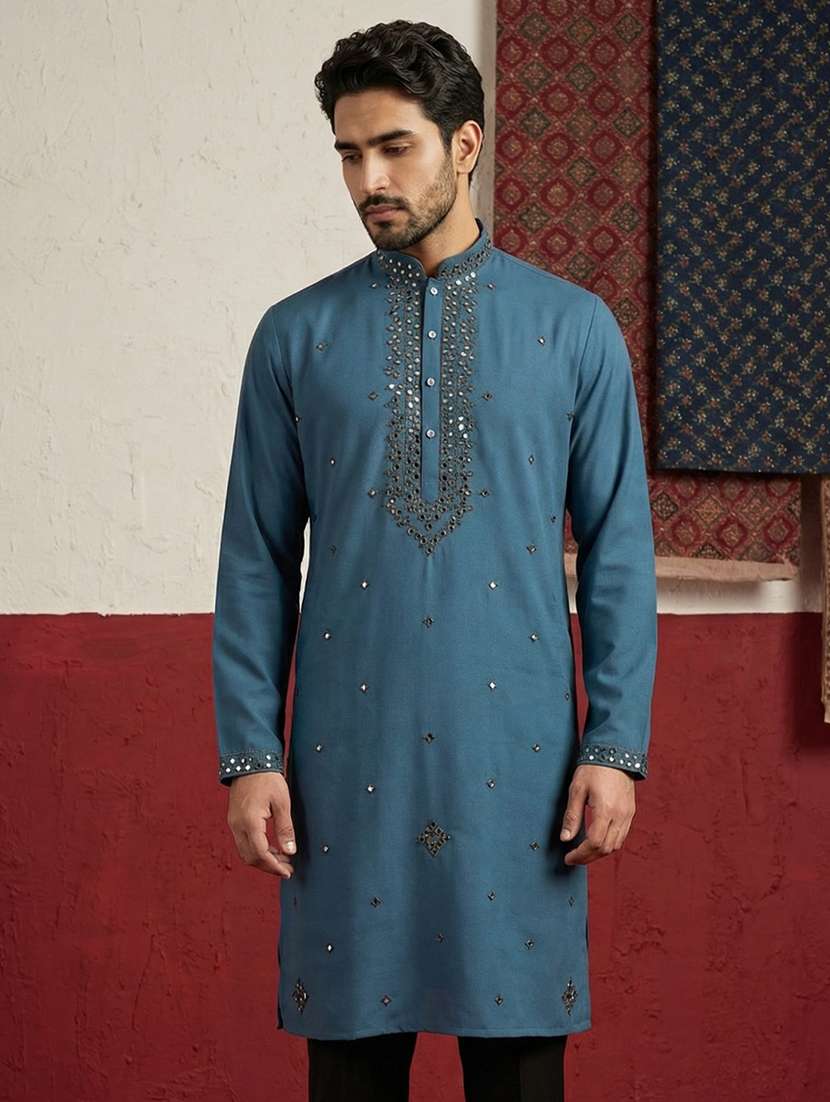 men solid with work mandarin neck long kurta - 22395550 -  Standard Image - 1