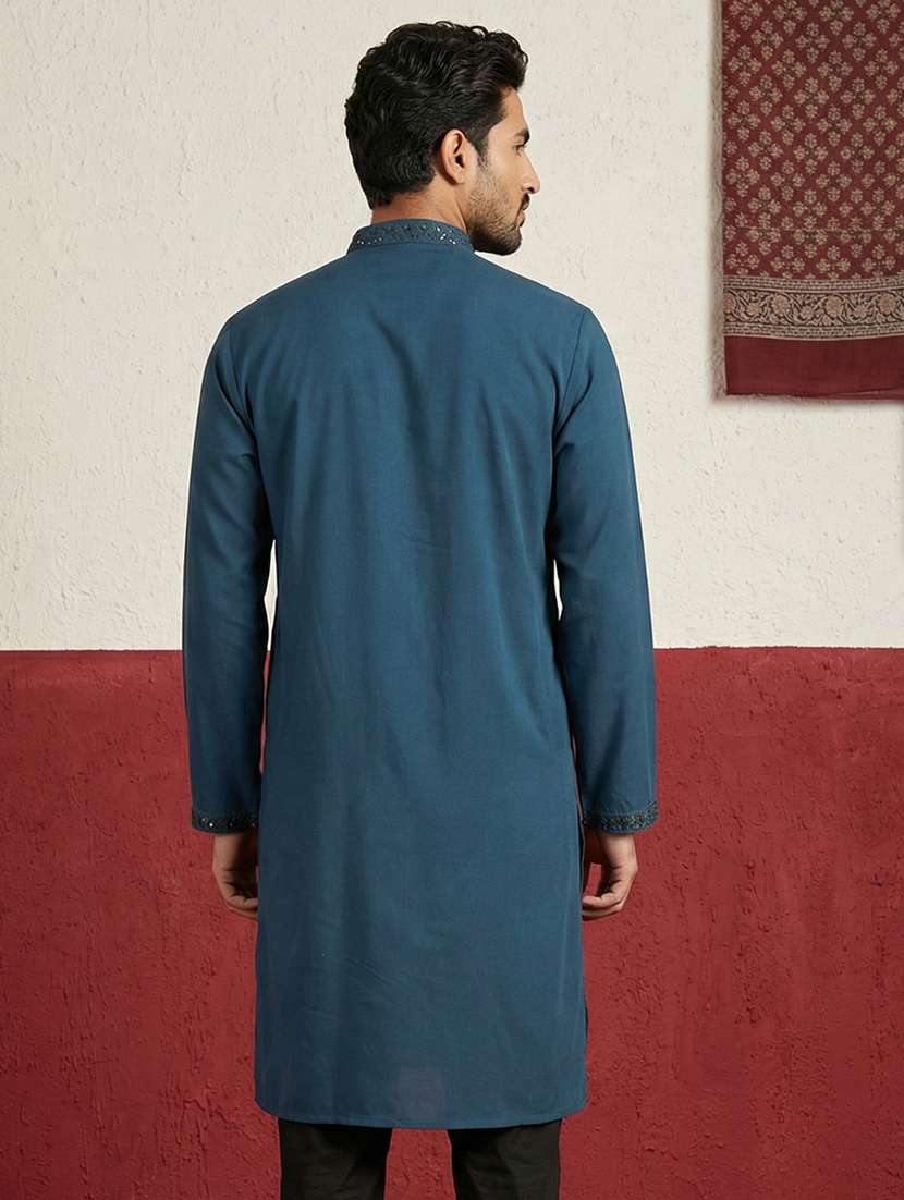 men solid with work mandarin neck long kurta - 22395550 -  Standard Image - 4