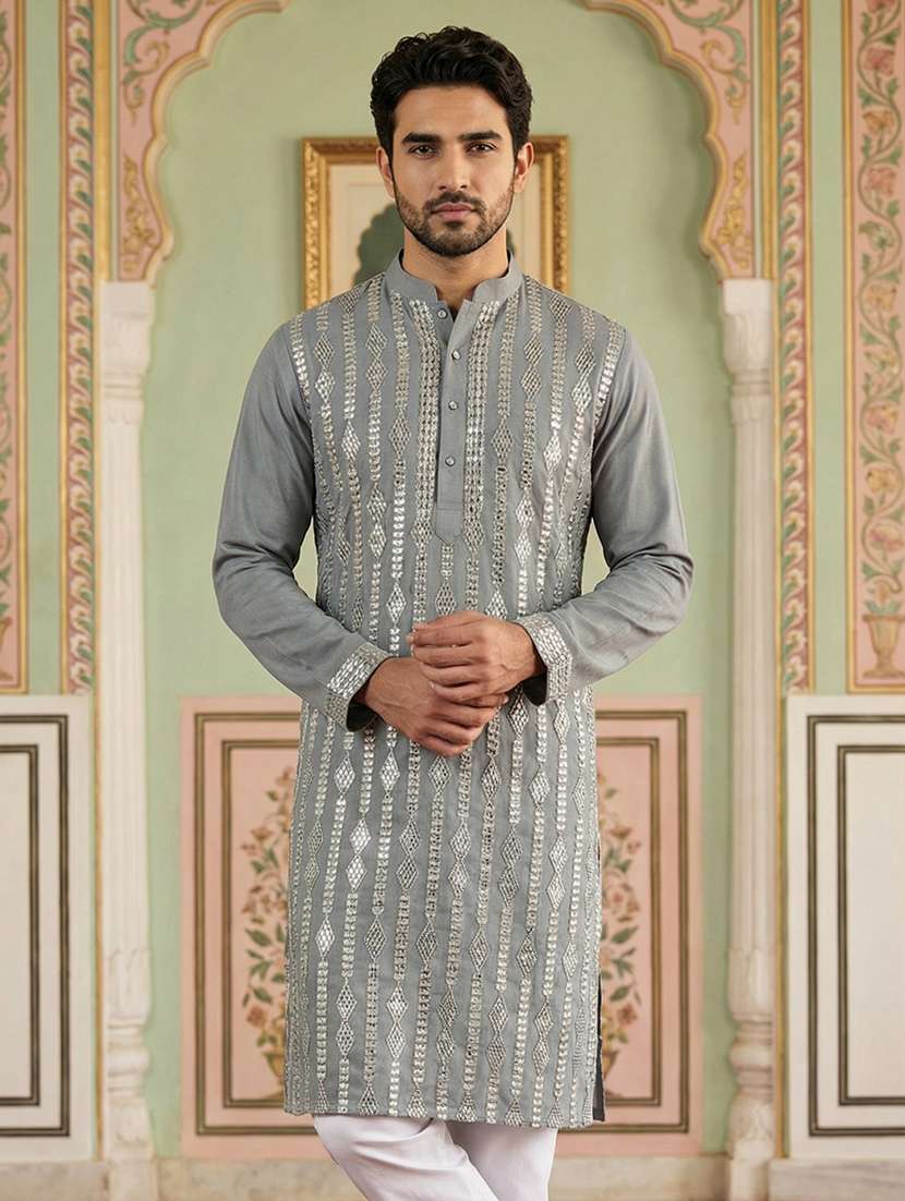 men solid with work mandarin neck long kurta - 22395551 -  Standard Image - 1