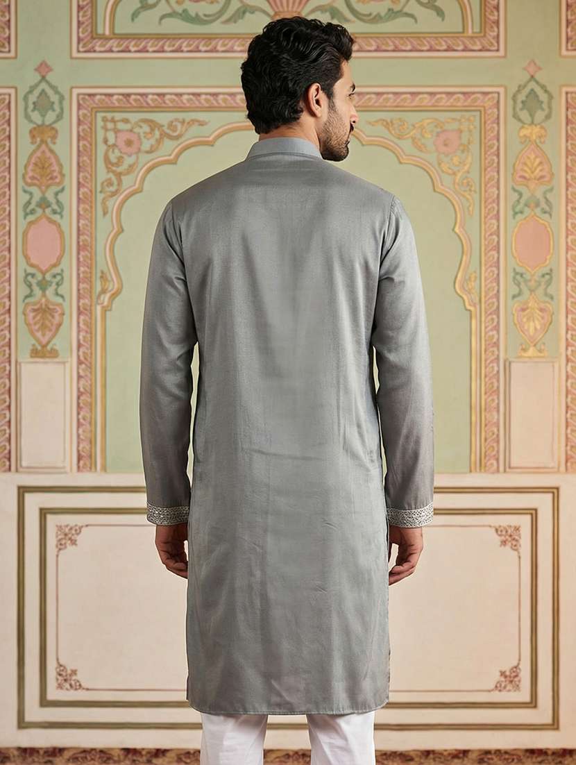 men solid with work mandarin neck long kurta - 22395551 -  Standard Image - 4