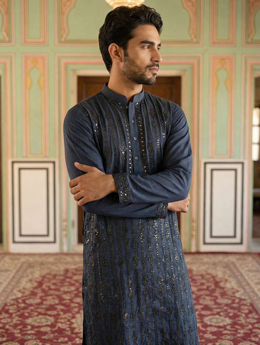 men solid with work mandarin neck long kurta - 22395552 -  Standard Image - 1