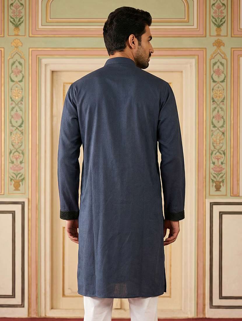 men solid with work mandarin neck long kurta - 22395552 -  Standard Image - 4