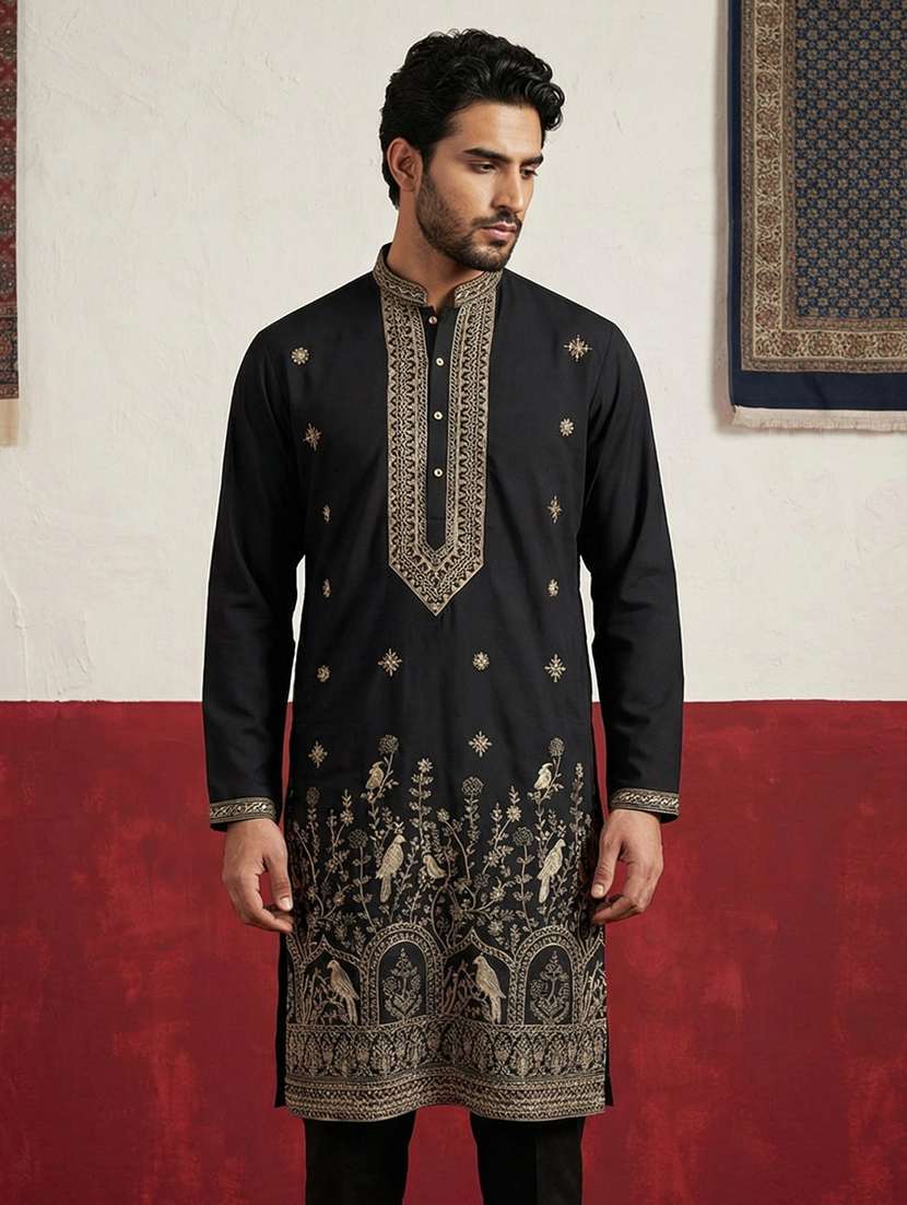men solid with work mandarin neck long kurta - 22395555 -  Standard Image - 1