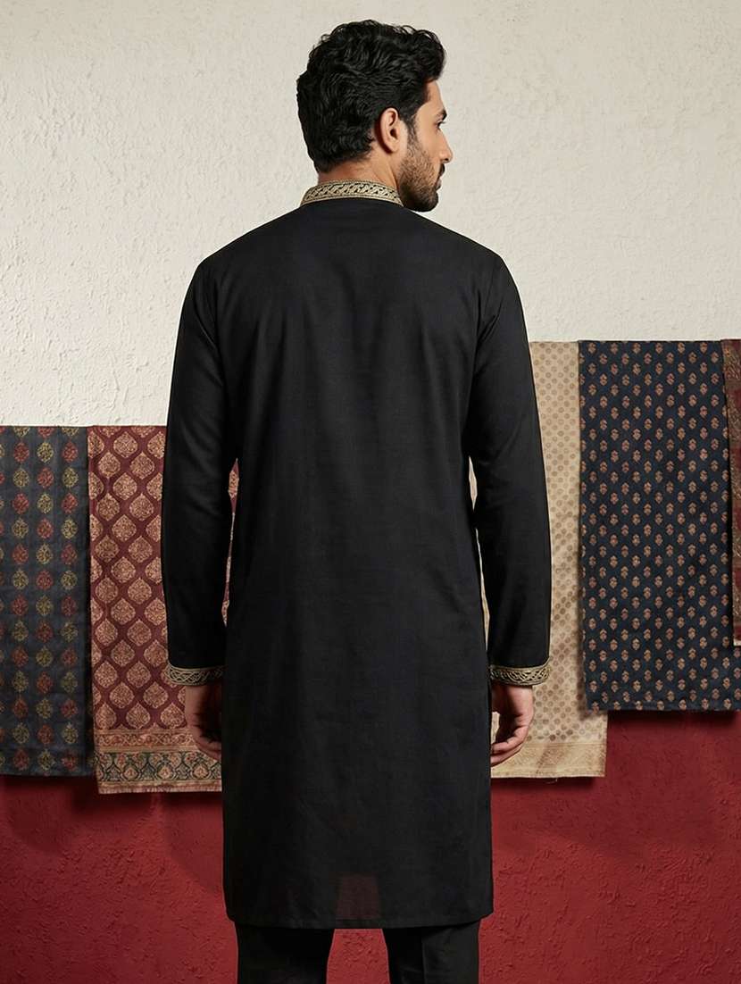 men solid with work mandarin neck long kurta - 22395555 -  Standard Image - 4