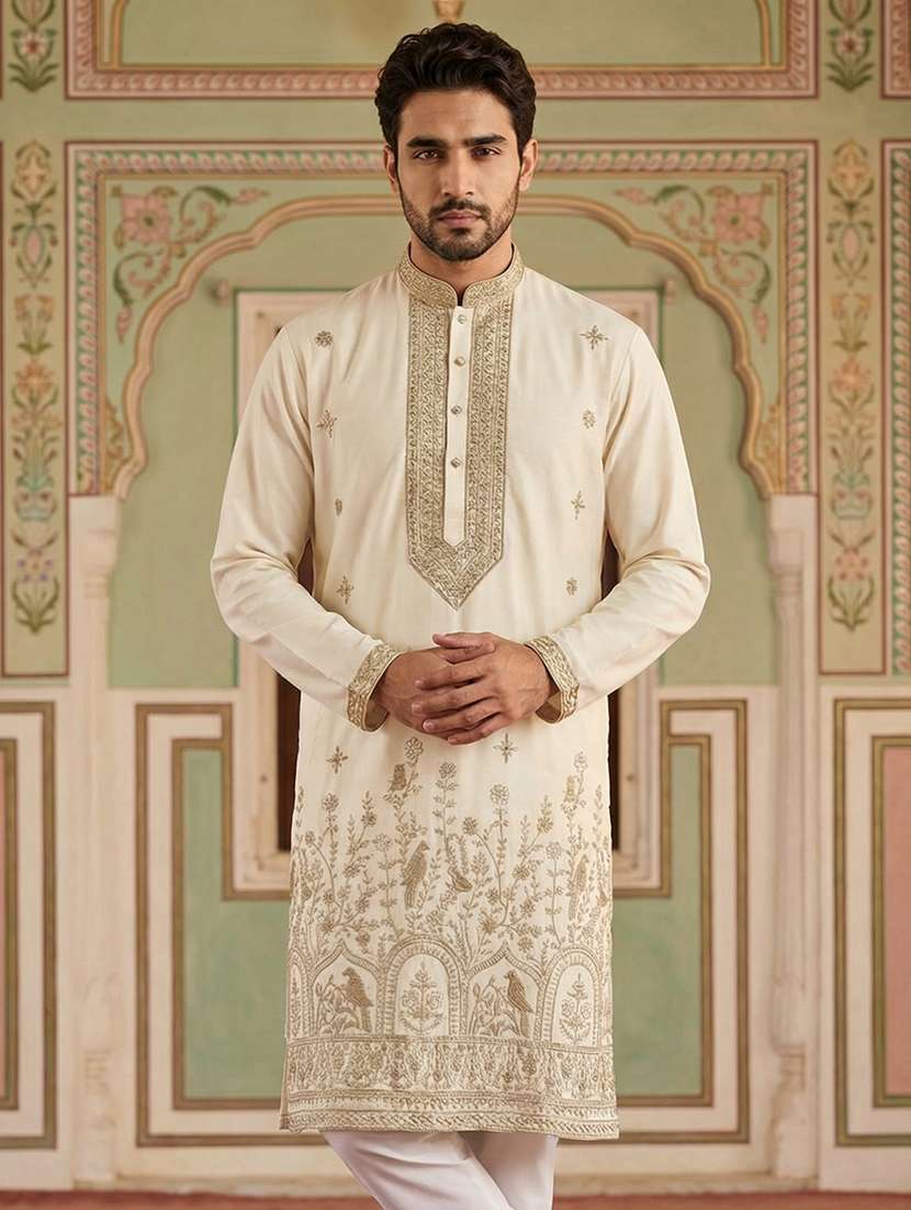 men solid with work mandarin neck long kurta - 22395556 -  Standard Image - 1