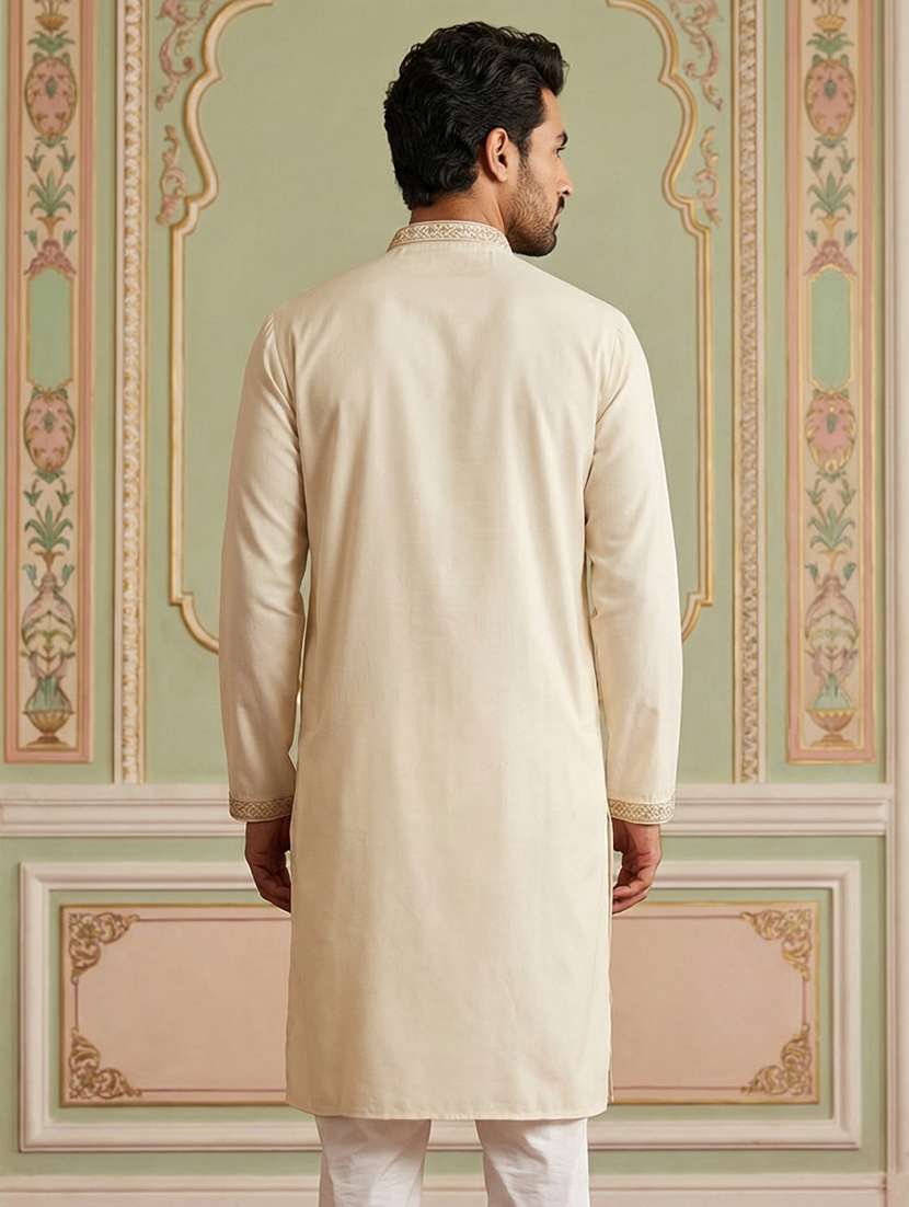 men solid with work mandarin neck long kurta - 22395556 -  Standard Image - 4