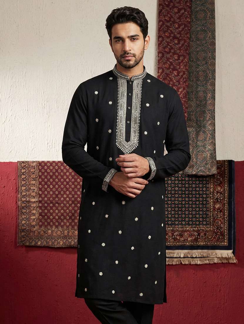 men solid with work mandarin neck long kurta - 22395557 -  Standard Image - 1
