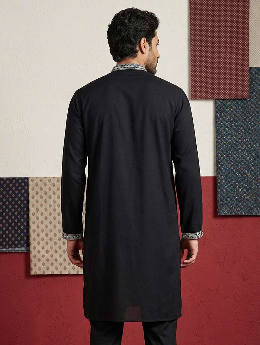 men solid with work mandarin neck long kurta - 22395557 -  Standard Image - 4
