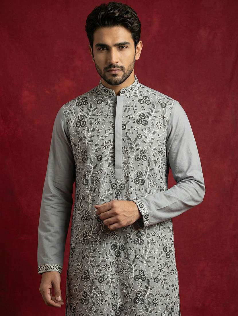 men solid with work mandarin neck long kurta - 22395558 -  Standard Image - 1