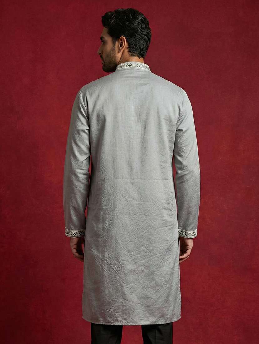 men solid with work mandarin neck long kurta - 22395558 -  Standard Image - 4
